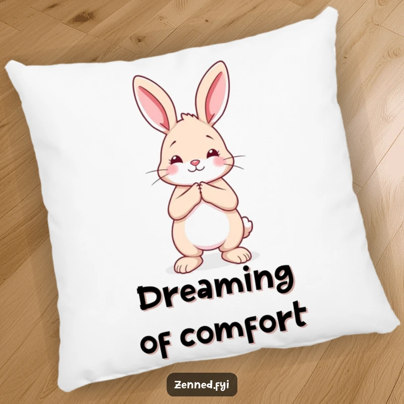Funny rabbit pillow featuring a calm creature with hands pressed together, offering comfort and a touch of gentle humor.