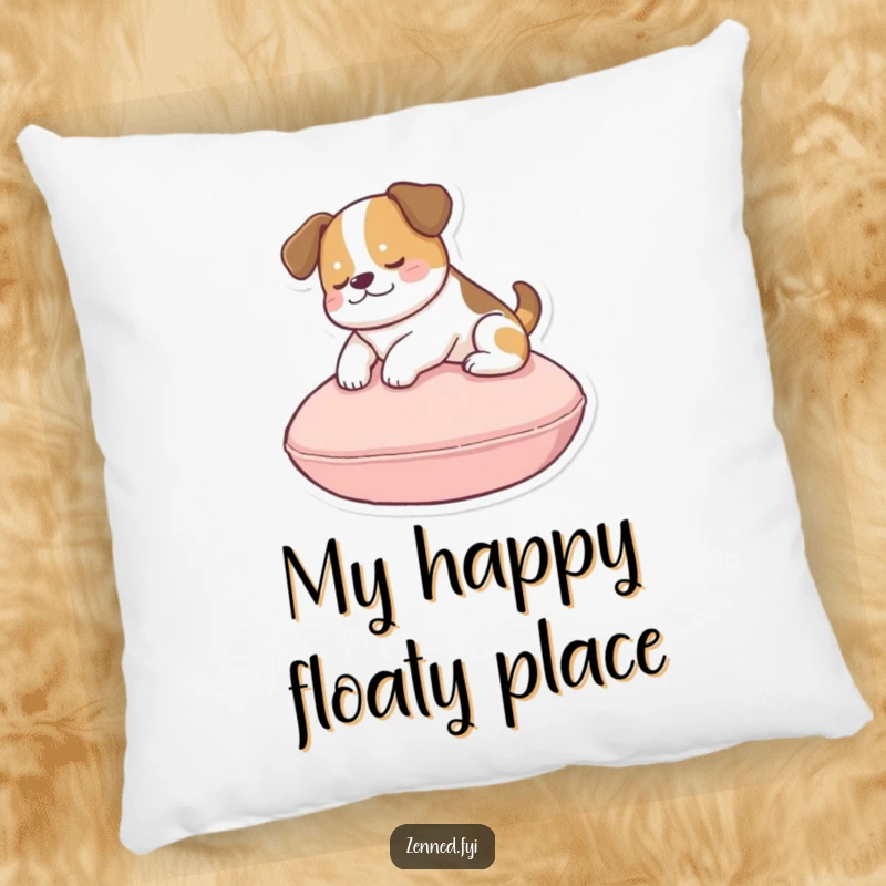 Funny dog cushion pillow with a peaceful dog floating gently above a round cushion, perfect for relaxation.