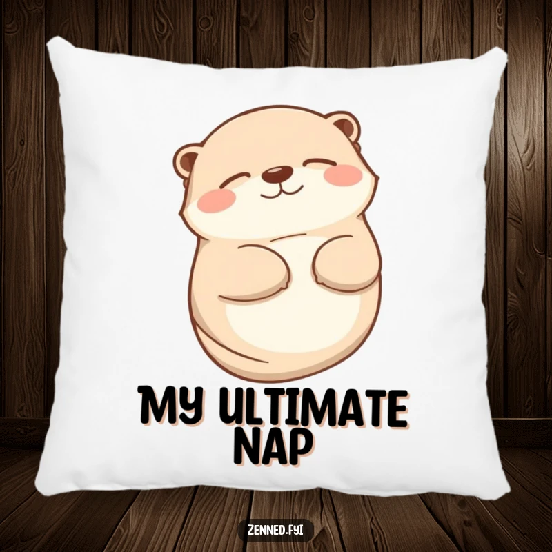 Funny otter pillow featuring a contented animal lying on its back with a peaceful smile, offering comfort and joy.