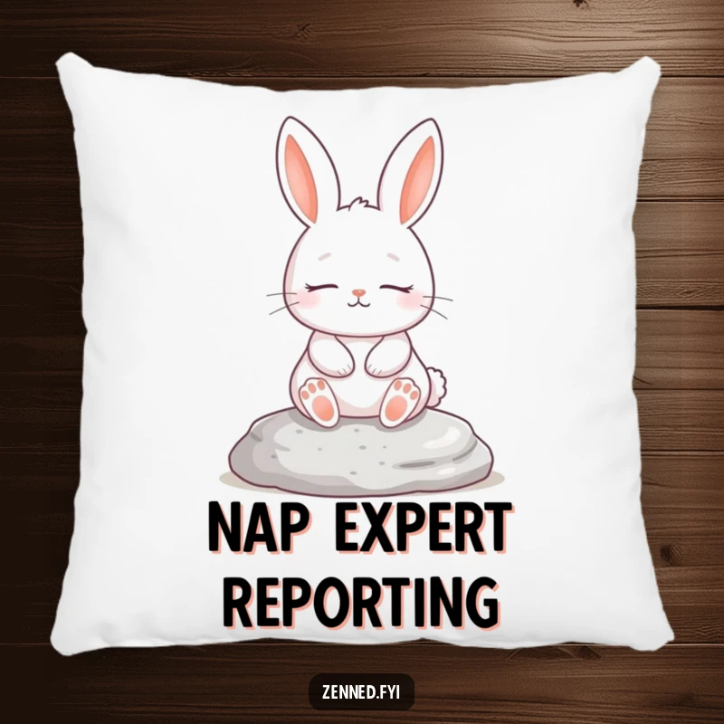 Funny pillow with a white rabbit calmly meditating on a stone, soft and humorous comfort, perfect funny gift.