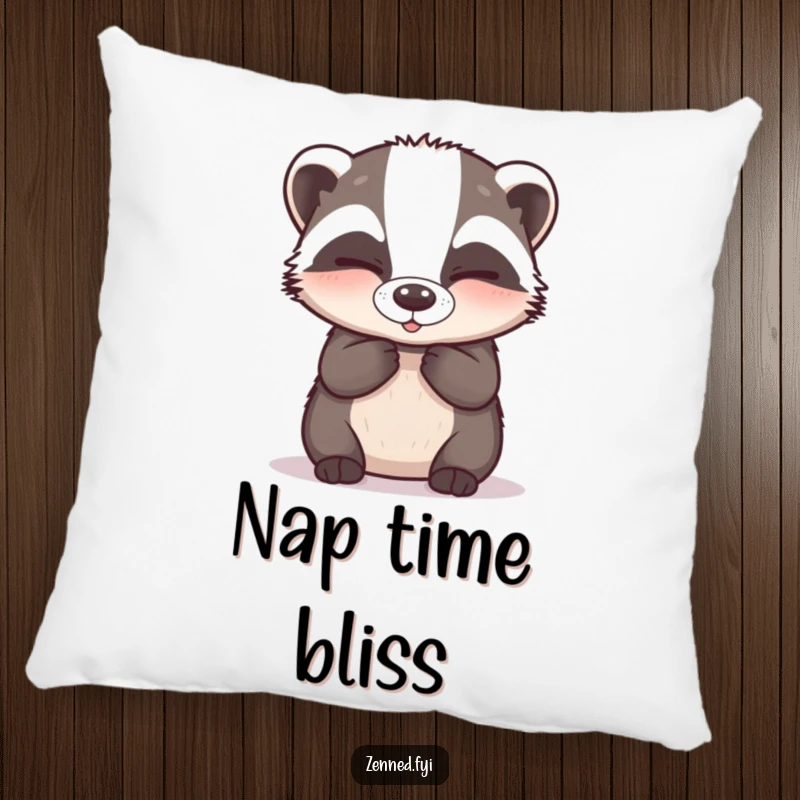 Funny Pillow: A soft, happy badger breathing deeply with closed eyes, offering hilarious comfort and zen.