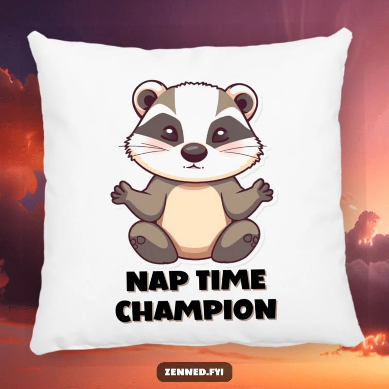 Funny badger meditation pillow, a determined creature in zen pose, soft and humorous, ideal for relaxation.