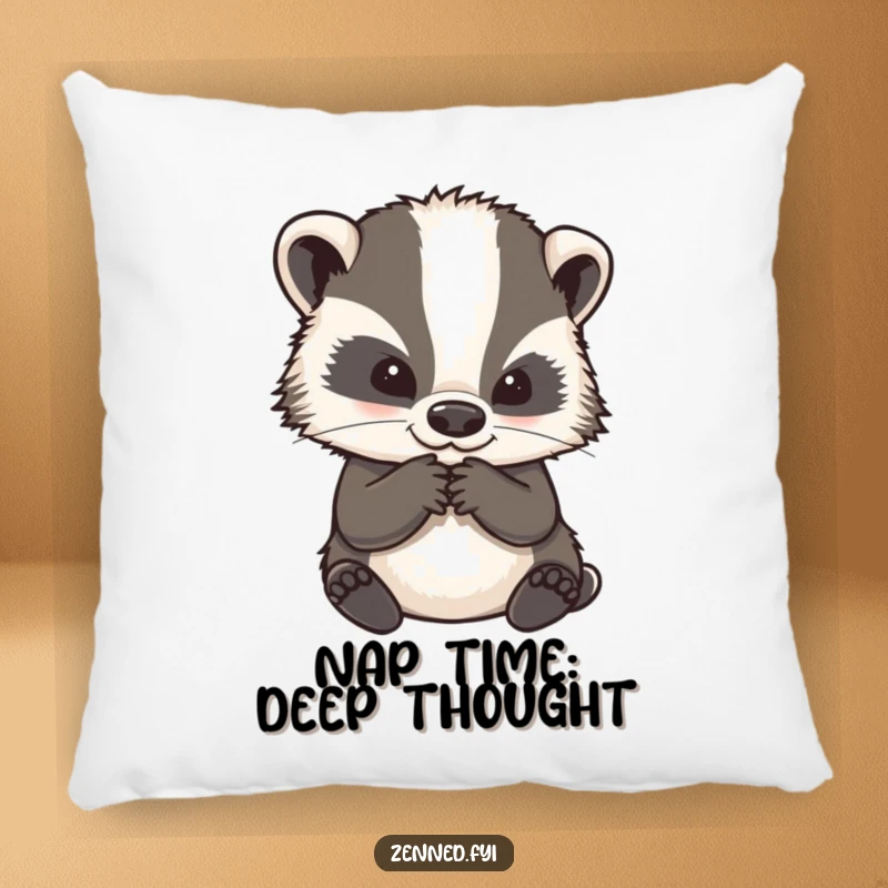 Funny pillow featuring a wise badger character in a pose of deep, quiet contemplation, adding humorous decor to a room.