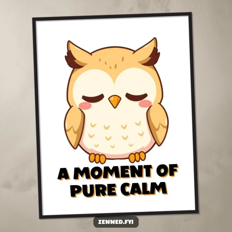 Funny Kawaii Owl Digital Art Print: A downloadable artwork of a curious owl character with a gentle smile, breathing deeply, ready to inspire peace.