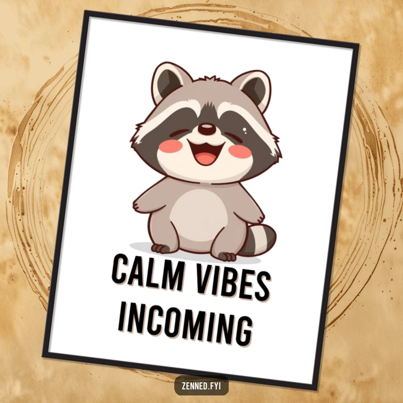 Funny Digital Art Print of a delighted raccoon radiating calm, contented energy with a peaceful and happy expression.
