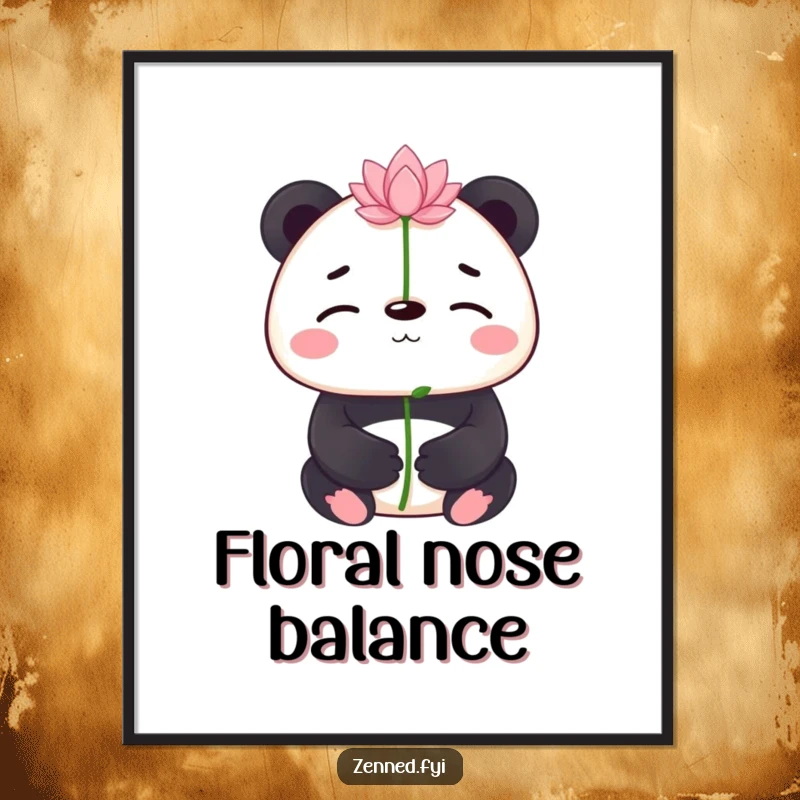 Funny panda balancing a lotus flower on its nose, a digital art print conveying serenity and humor, perfect for a funny gift.