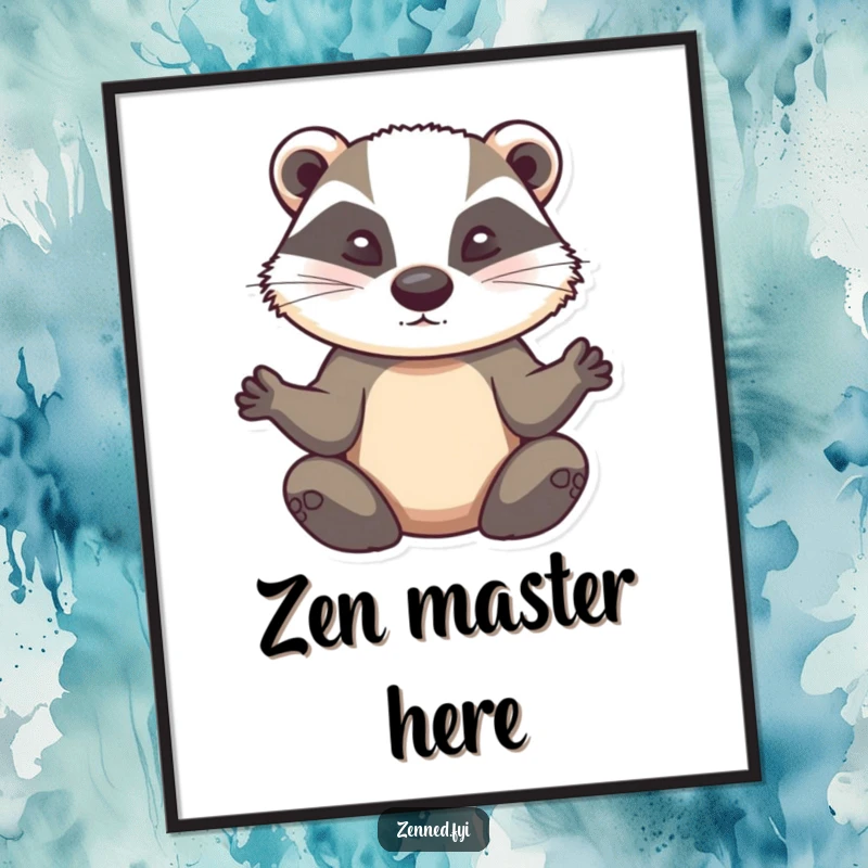 Funny badger meditation digital art, a determined animal in a serene zen pose, downloadable art for humorous decor.