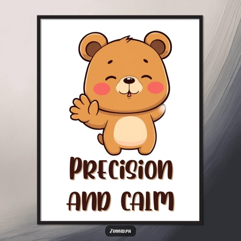 Funny digital art print of a brown bear meditating with a hand gesture, focused and humorous, perfect funny gift.