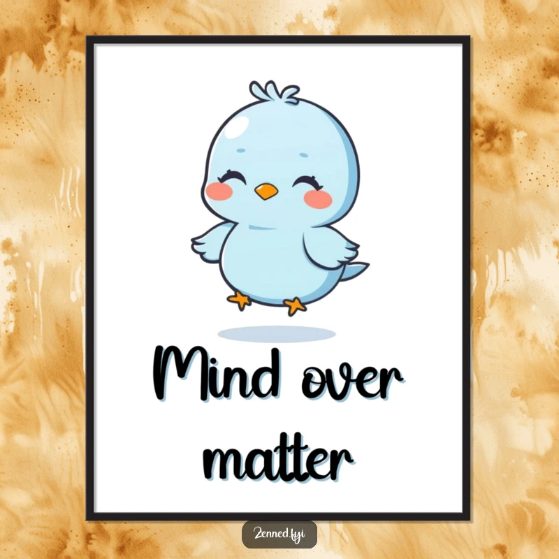 Funny digital art print of a blue bird meditating with a smile, floating peacefully, serene and humorous, perfect funny gift.