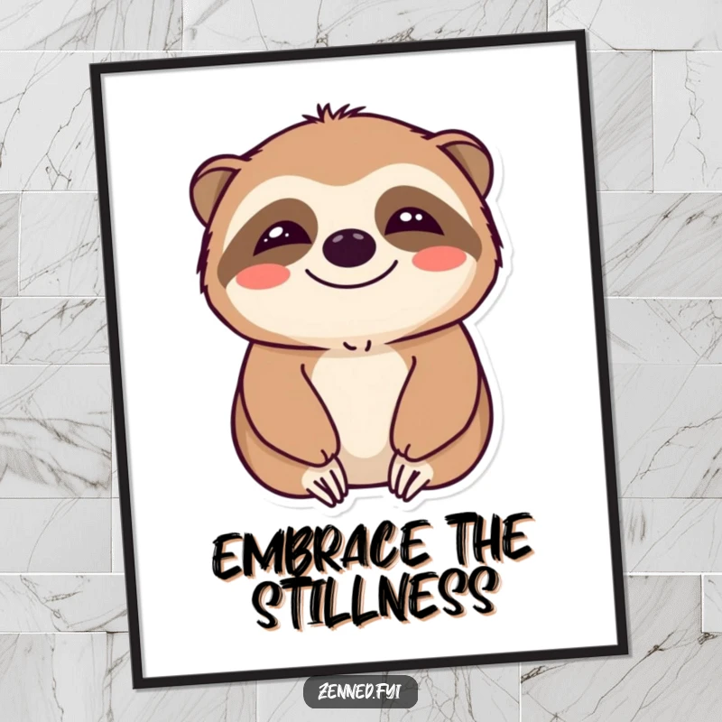 Funny digital art print of a smiling sloth in a state of profound calm, radiating peace and gentle humor.