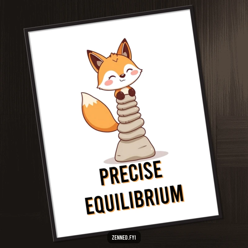 Funny fox character balancing stone cairns, available as a downloadable digital art print for zen decor.