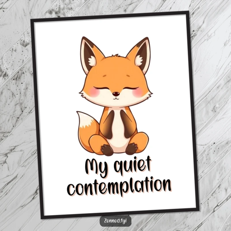 Funny digital art print of a curious fox practicing mindful breathing with its eyes shut, perfect for instant, humorous, and calming wall decor.