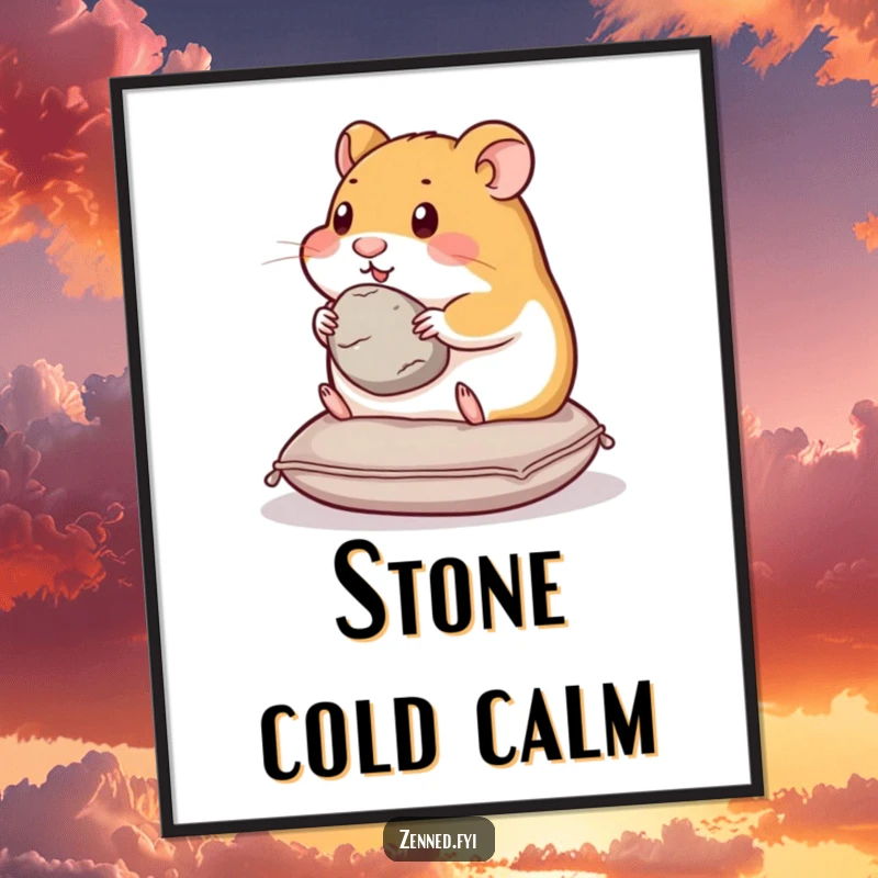 Funny hamster digital art print of a content hamster on a cushion, holding a smooth stone, ideal for serene decor.
