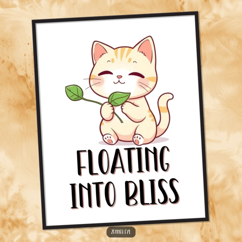 Funny kawaii cat digital art print, a cute cat gently releasing a leaf, offering a peaceful and funny aesthetic for instant home decor.