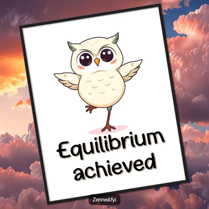 Funny kawaii owl digital art print, a cute owl balancing on one leg, offering a whimsical and funny aesthetic for instant home decor.