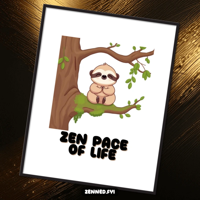 Funny digital art of a cute kawaii sloth meditating on a mossy branch, ideal for printable decor and serene backgrounds.