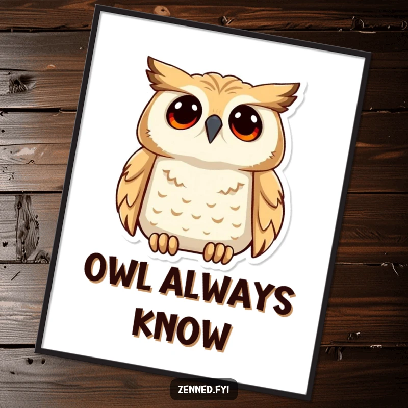 Funny digital art print of a calm owl gazing upwards with deep understanding, creating an atmosphere of intellectual humor for wall decor.