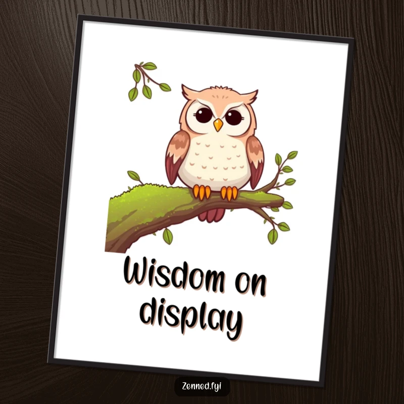 Funny peaceful owl digital art print of a serene owl on a mossy branch, conveying tranquility and gentle humor for screen readers.