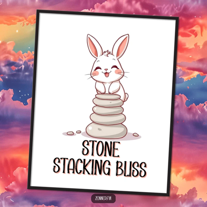 Funny giggling rabbit balancing a small stack of smooth stones, a digital art print, ideal for funny gifts.