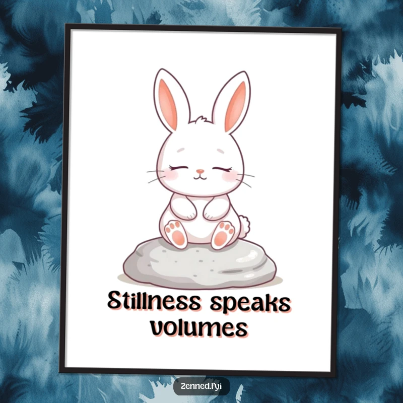 Funny digital art print of a white rabbit meditating peacefully on a rock, serene and humorous, perfect funny gift.