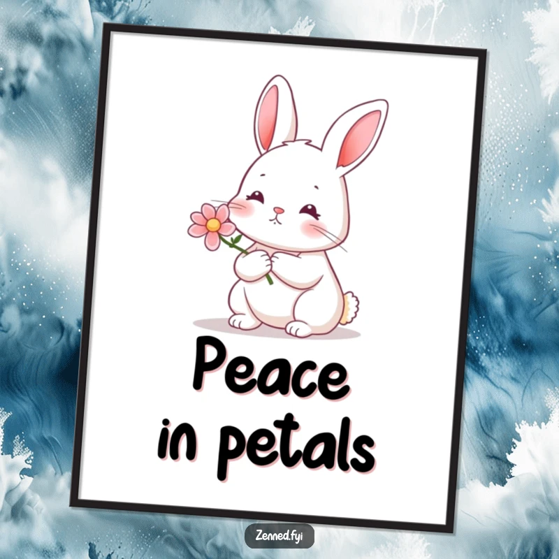 Funny rabbit flower digital art print of a serene rabbit holding a tiny blooming flower, exuding calm.