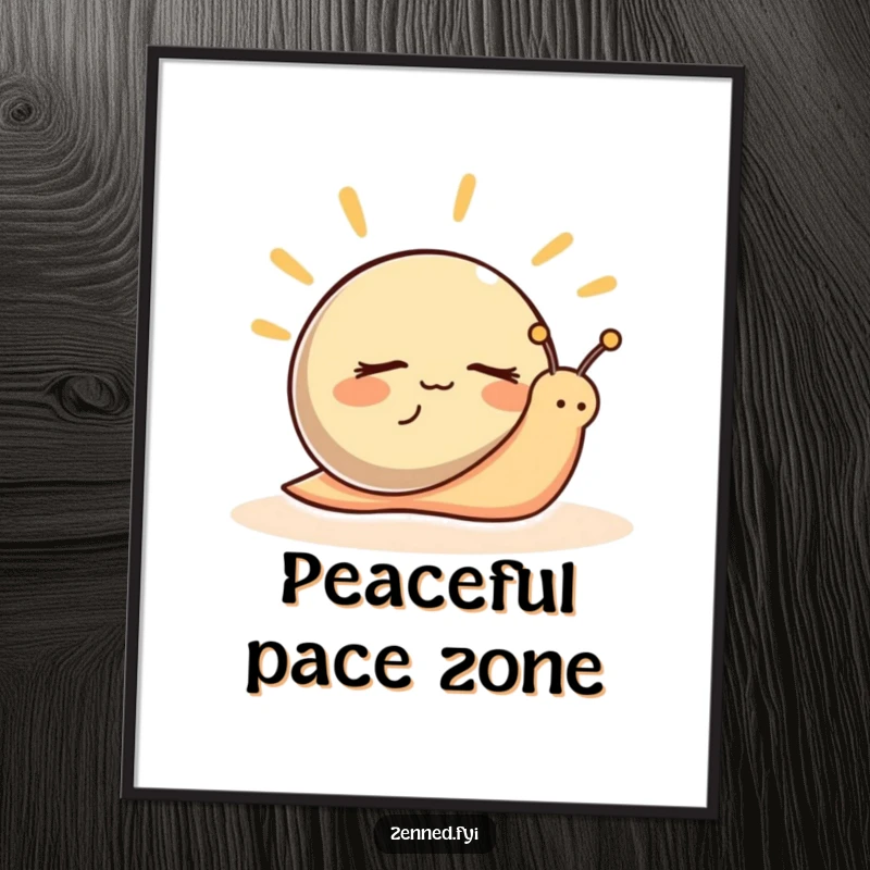Funny Digital Art Print of a peaceful snail character with eyes closed, radiating hilarious calm ambiance.