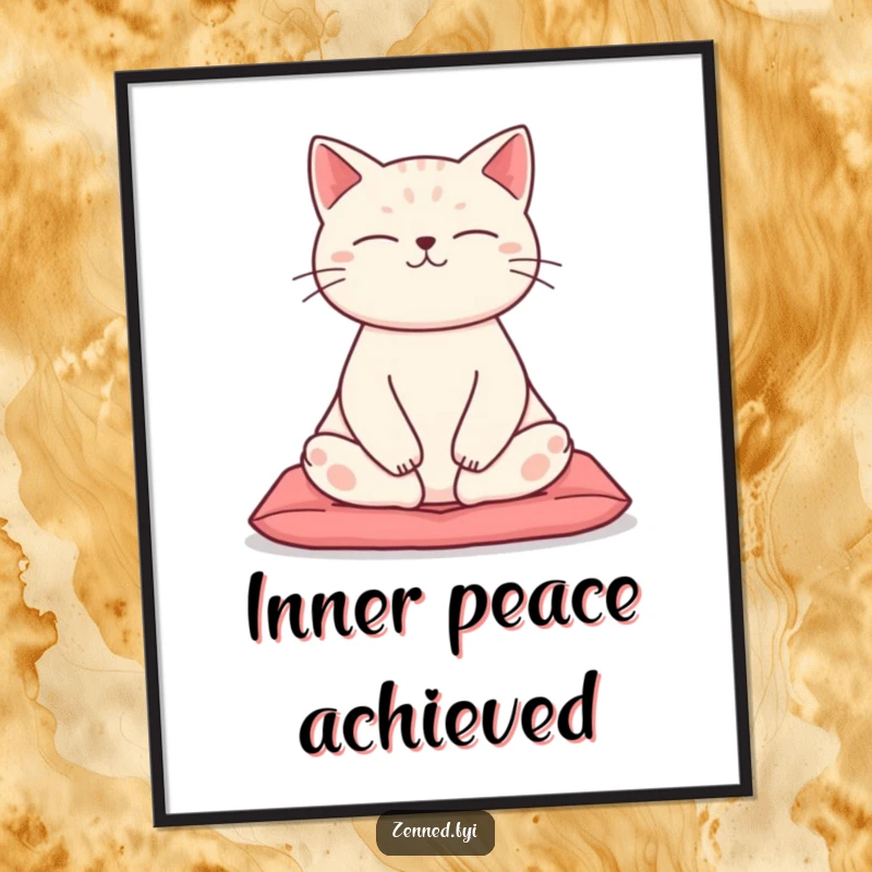 Funny Zen Cat Digital Art Print of a meditating cat in lotus pose, ready to download and frame for humorous decor.