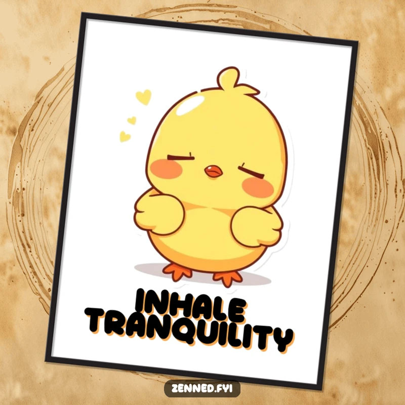 Funny digital art print of a yellow chick breathing deeply, serene and humorous, perfect funny gift.
