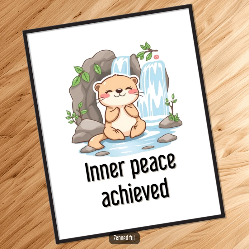 Funny otter digital art print of a playful character meditating happily beside a miniature flowing waterfall, for instant serene decor.