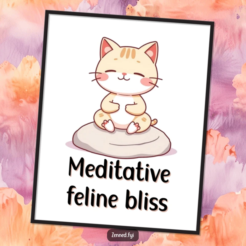 Funny Kawaii cat digital art print of a cheerful character meditating on a rock, bringing zen and humor to decor, a fun gift.