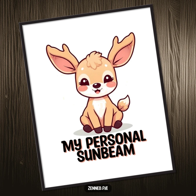 Funny Kawaii Deer Digital Art Print: A downloadable artwork of a joyful deer character bathed in soft light rays, ready to inspire.
