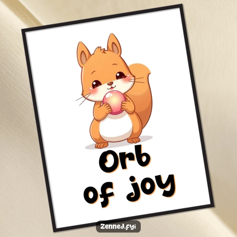 Funny digital art print of a content squirrel holding a glowing orb, perfect for adding a magical and whimsical touch.