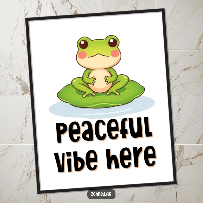 Funny Digital Art Print of a meditating frog character on a lily pad, providing hilarious zen ambiance.
