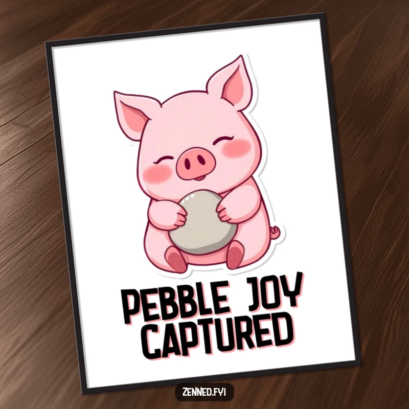 Funny pink pig digital art print, calm demeanor, cradling a pebble, instant download, peaceful wall decor, a calming funny gift.