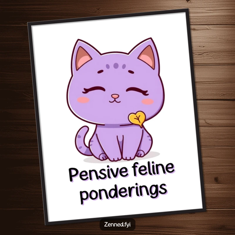 Funny cat digital art print of a thoughtful purple cat with a peaceful expression, watching a single gently falling leaf, serene and humorous.