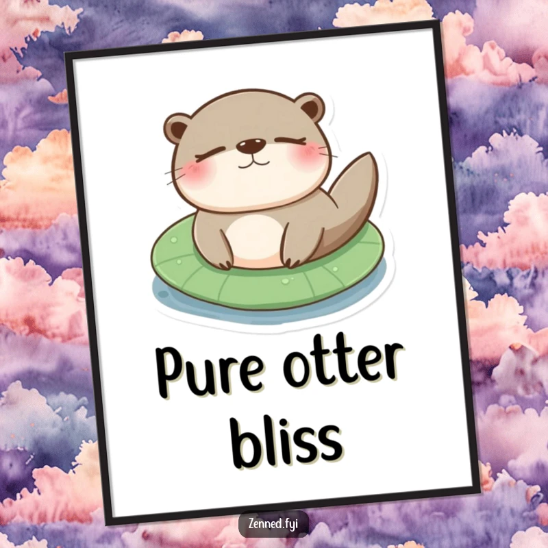 Funny otter lily pad digital art print of a content otter floating serenely on a lily pad, embodying peace.