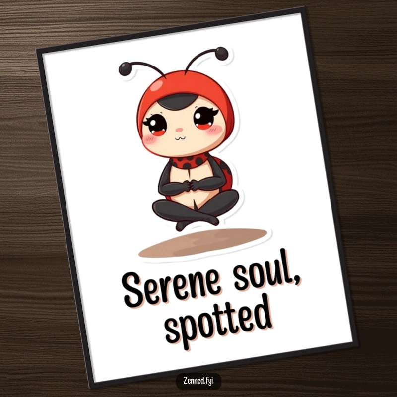 Funny ladybug digital art print of a determined red ladybug in a peaceful, cross-legged yoga pose, offering serene humor for any space.