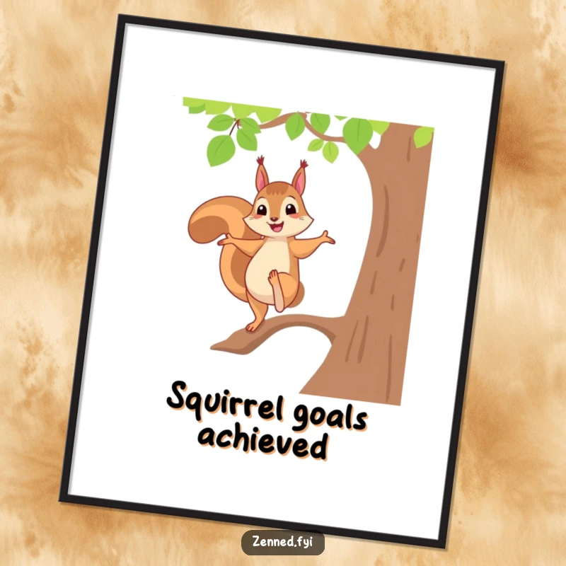 Funny digital art print of a cheerful squirrel balancing expertly in a tree pose, adding playful energy and humor to wall decor.