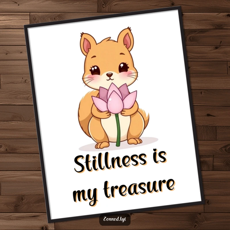 Funny digital art print of a kawaii squirrel holding a serene lotus flower, offering instant zen and humorous decor.