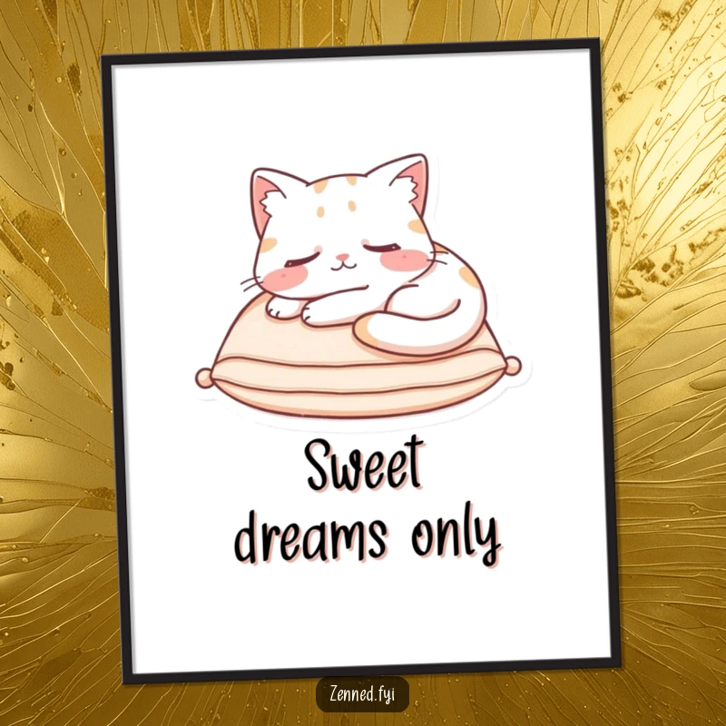 Funny Digital Art Print of a content cat character asleep on a cushion, radiating hilarious cozy ambiance.