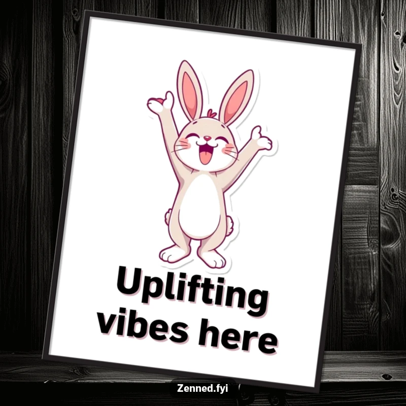 Funny Digital Art Print of a jubilant bunny character stretching towards the sky, radiating hilarious joyful ambiance.