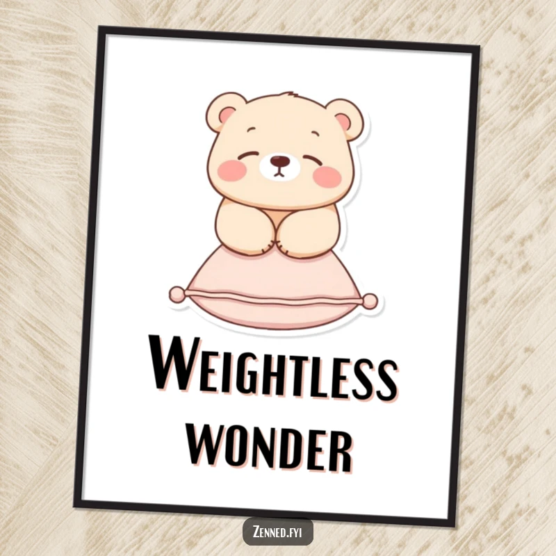 Funny digital art print of a serene bear floating gracefully above a small cushion, embodying peace and lighthearted humor.