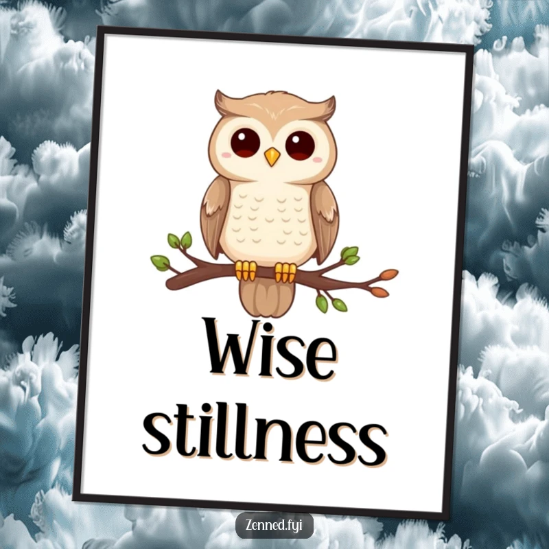 Funny owl zen digital art, perched on a branch, completely still and centered, downloadable art for centered decor.