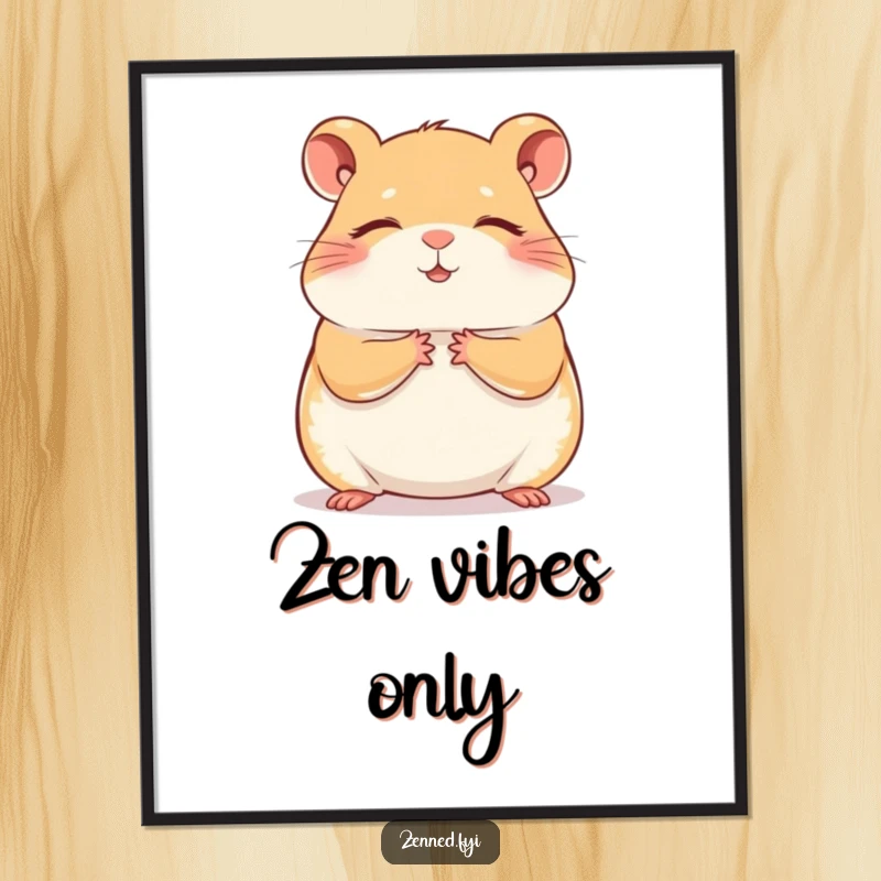 Funny contented hamster meditation digital art print, embodying humorous zen and peace for any wall space, perfect for screen readers.