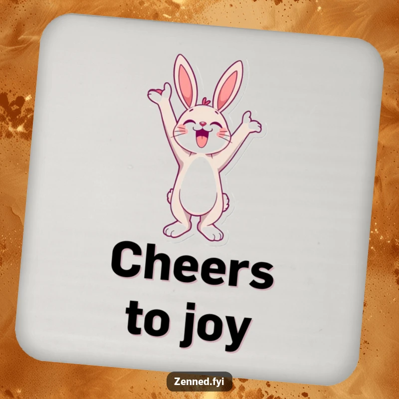 Funny Coaster showcasing a jubilant bunny character stretching towards the sky, radiating hilarious joy and surface protection.