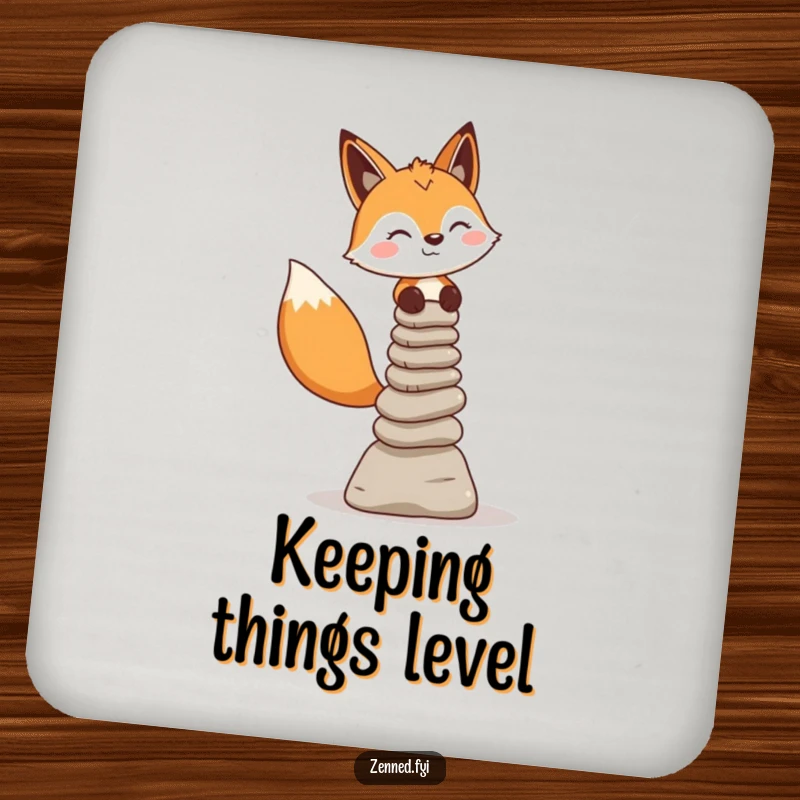 Funny fox character balancing stone cairns, featured on a protective and humorous drink coaster.