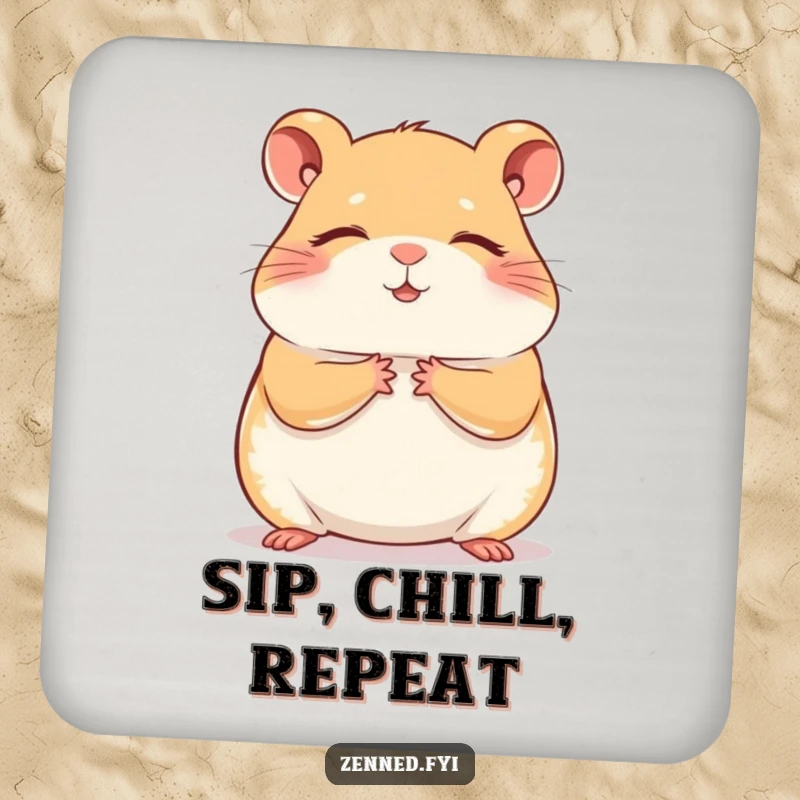 Funny contented hamster meditation coasters that protect surfaces with a humorous and zen-inspired design, ideal for any table.