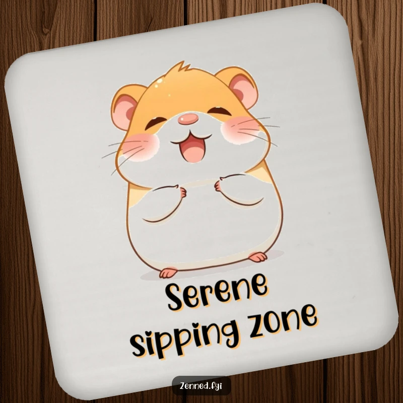 Funny Coaster featuring a giggling hamster meditating with a tranquil, peaceful, and happy expression.