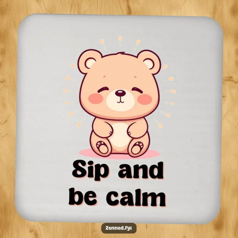 Funny drink coaster with a kawaii bear emitting a calm, soft aura, providing peaceful protection with humorous appeal.