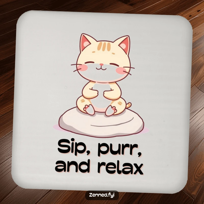 Funny Kawaii cat coaster showing a cheerful character meditating on a rock, providing surface protection with zen humor, a great gift.